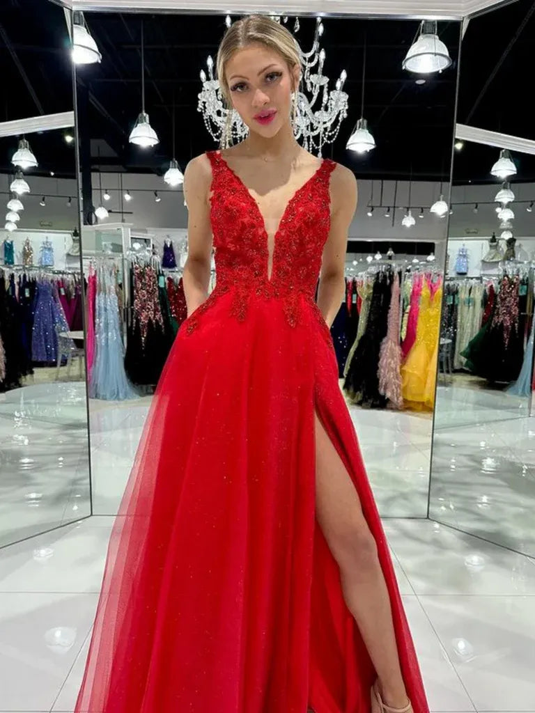 A-Line Deep V Neck Lace Applique Tulle Red Prom Dress With Pocket