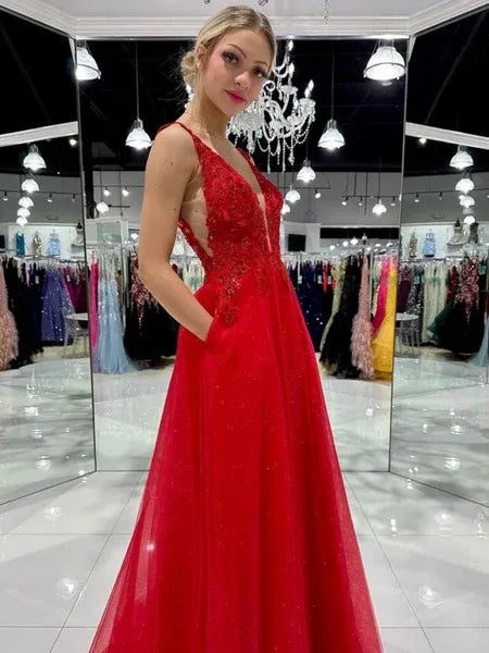 A-Line Deep V Neck Lace Applique Tulle Red Prom Dress With Pocket