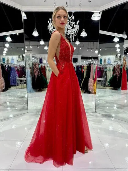 A-Line Deep V Neck Lace Applique Tulle Red Prom Dress With Pocket