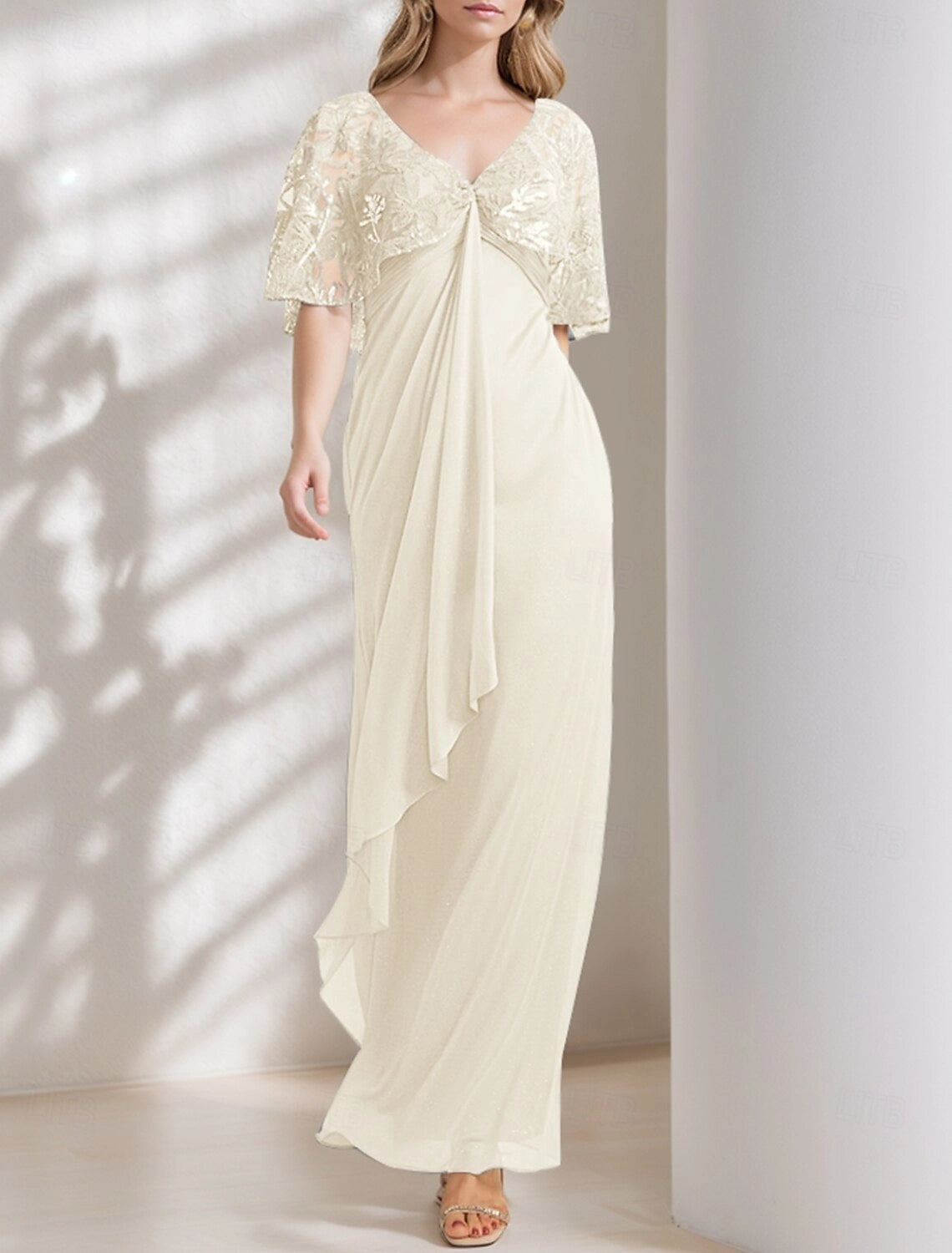 A-Line Dress Mother of the Bride Dress Elegant High Low V Neck Asymmetrical Ankle Length Chiffon Lace Half Sleeve with Lace Pleats