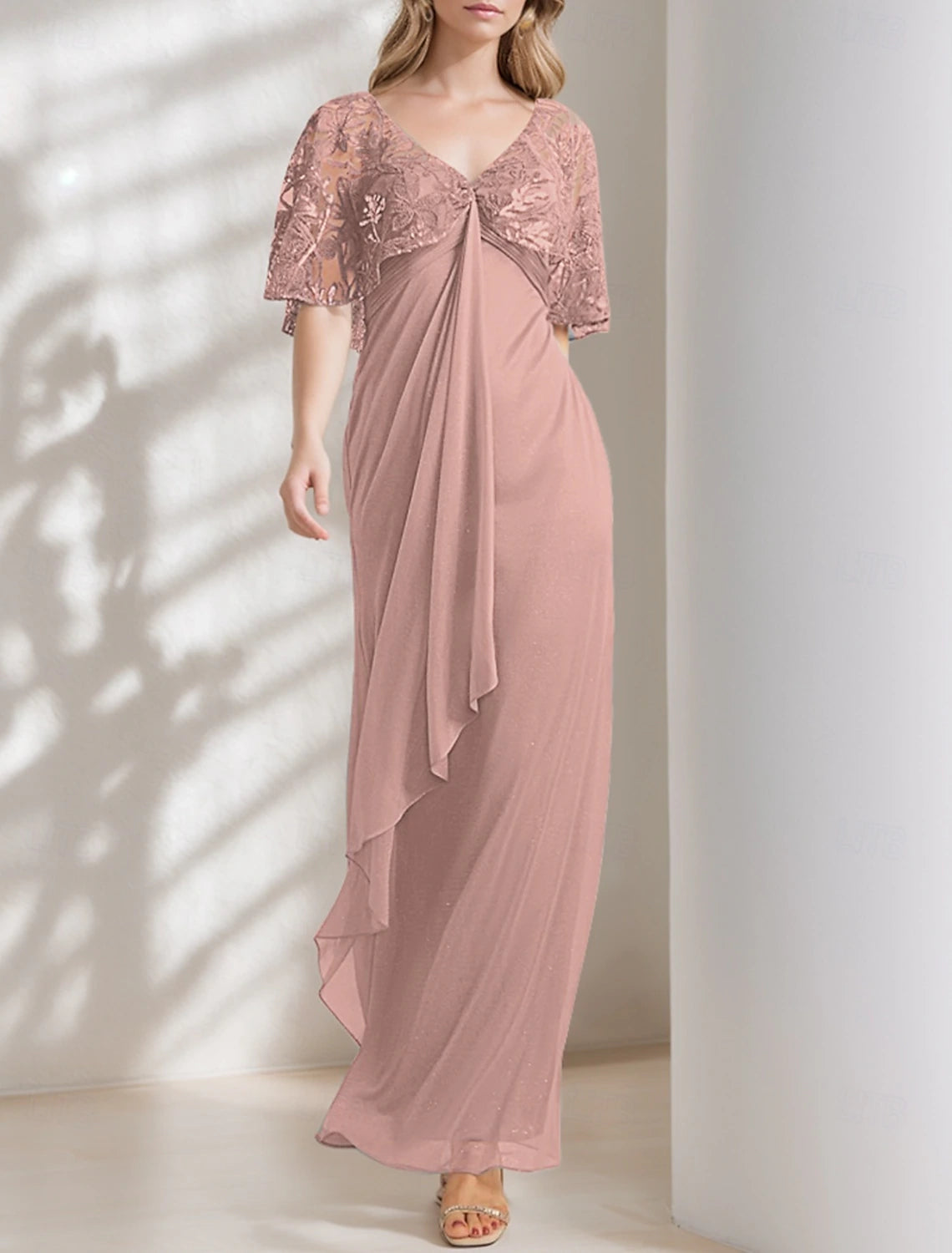 A-Line Dress Mother of the Bride Dress Elegant High Low V Neck Asymmetrical Ankle Length Chiffon Lace Half Sleeve with Lace Pleats