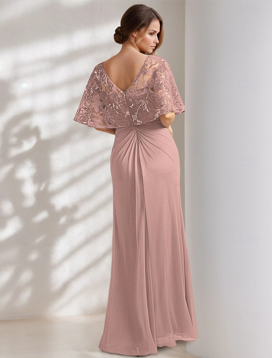 A-Line Dress Mother of the Bride Dress Elegant High Low V Neck Asymmetrical Ankle Length Chiffon Lace Half Sleeve with Lace Pleats