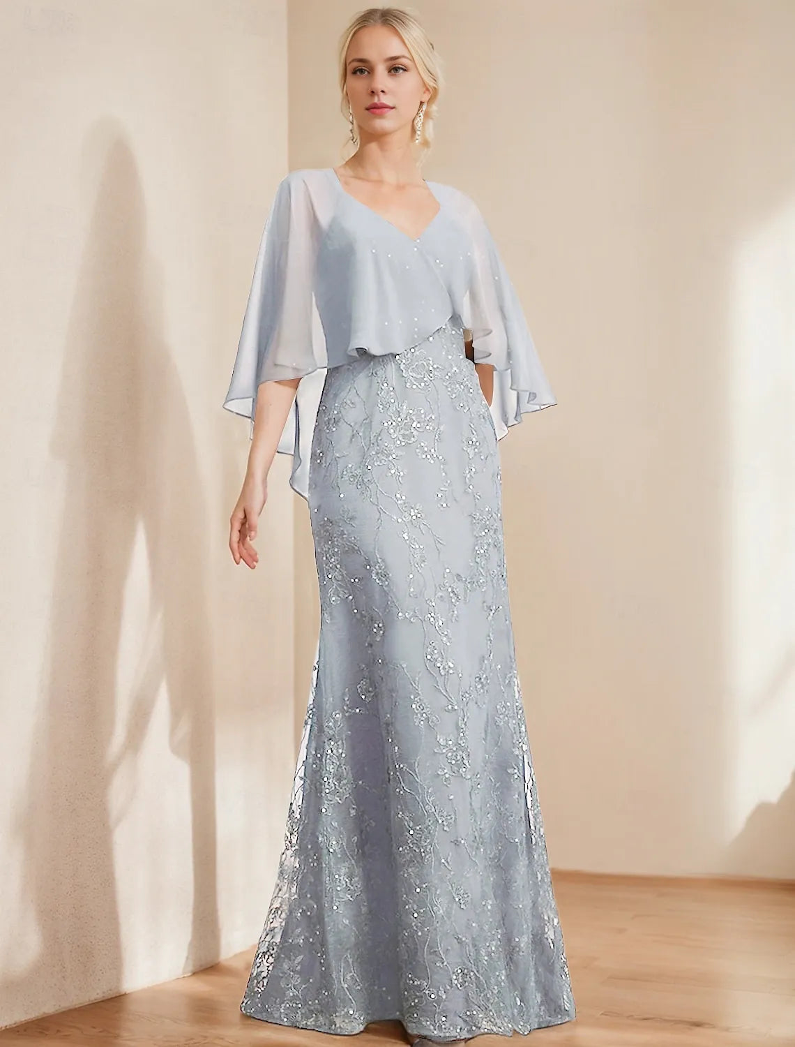 A-Line Dress Mother of the Bride Dress Elegant Sparkle Shine V Neck Floor Length Chiffon Lace Short Sleeve with Lace Sequin