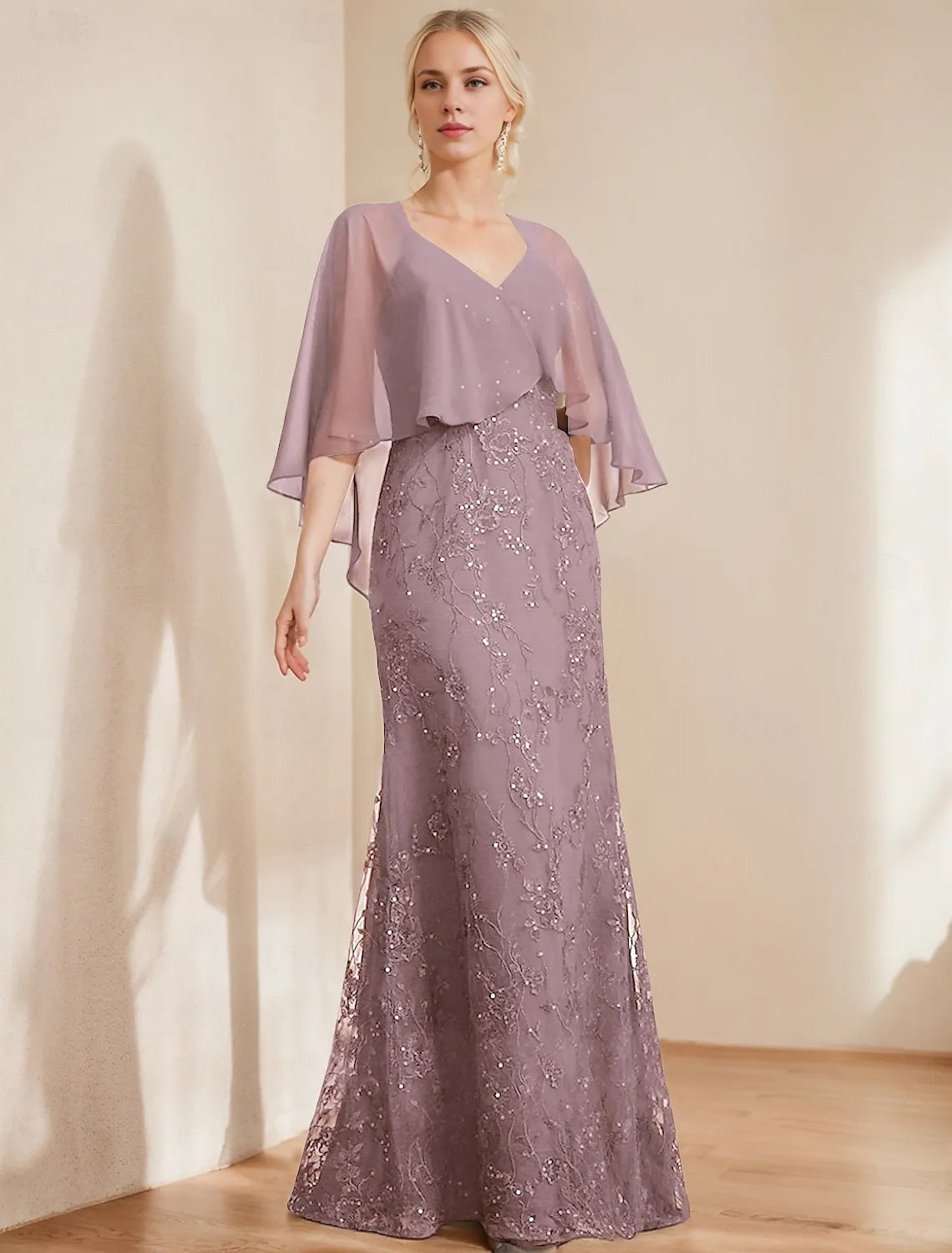A-Line Dress Mother of the Bride Dress Elegant Sparkle Shine V Neck Floor Length Chiffon Lace Short Sleeve with Lace Sequin