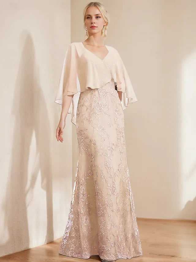 A-Line Dress Mother of the Bride Dress Elegant Sparkle Shine V Neck Floor Length Chiffon Lace Short Sleeve with Lace Sequin