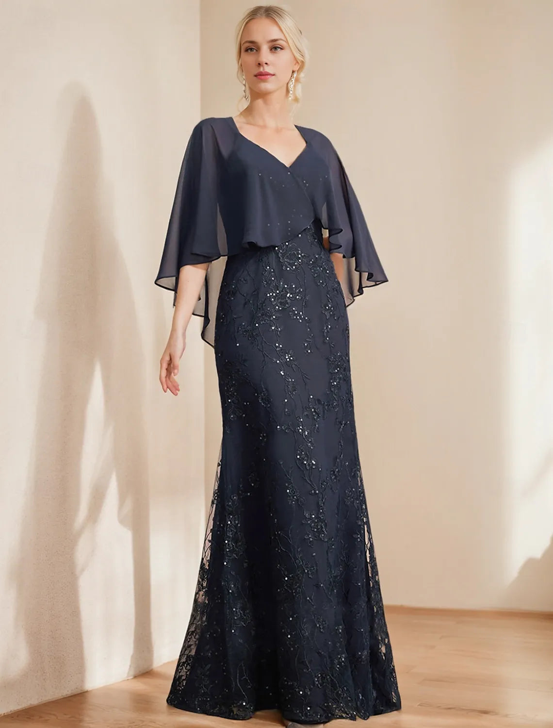 A-Line Dress Mother of the Bride Dress Elegant Sparkle Shine V Neck Floor Length Chiffon Lace Short Sleeve with Lace Sequin