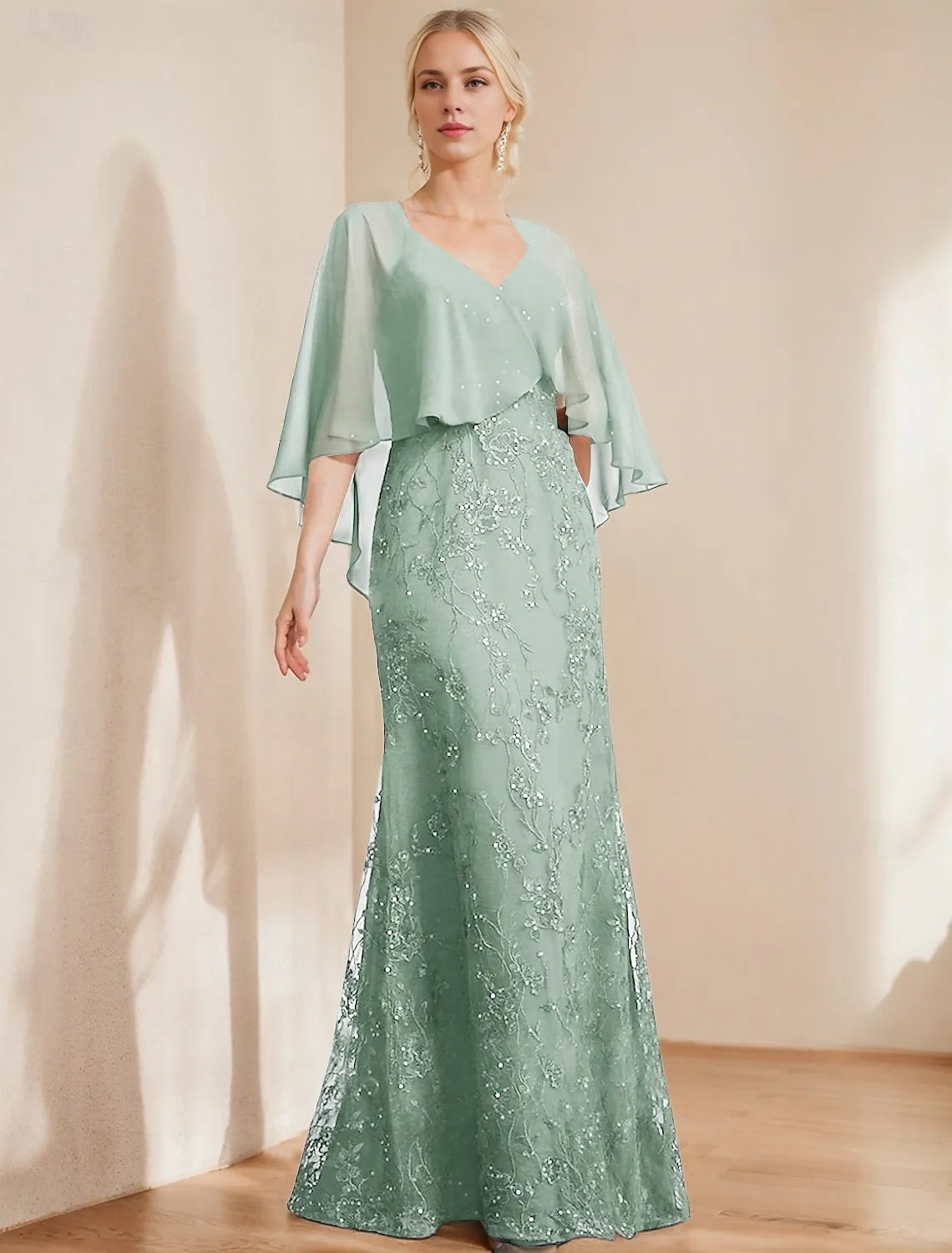 A-Line Dress Mother of the Bride Dress Elegant Sparkle Shine V Neck Floor Length Chiffon Lace Short Sleeve with Lace Sequin