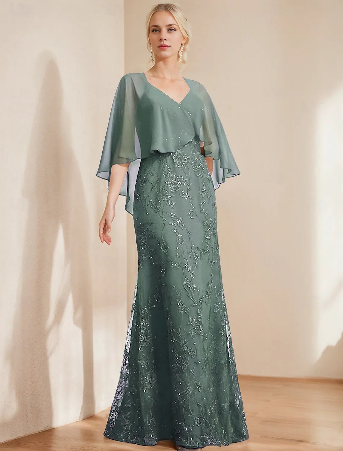 A-Line Dress Mother of the Bride Dress Elegant Sparkle Shine V Neck Floor Length Chiffon Lace Short Sleeve with Lace Sequin