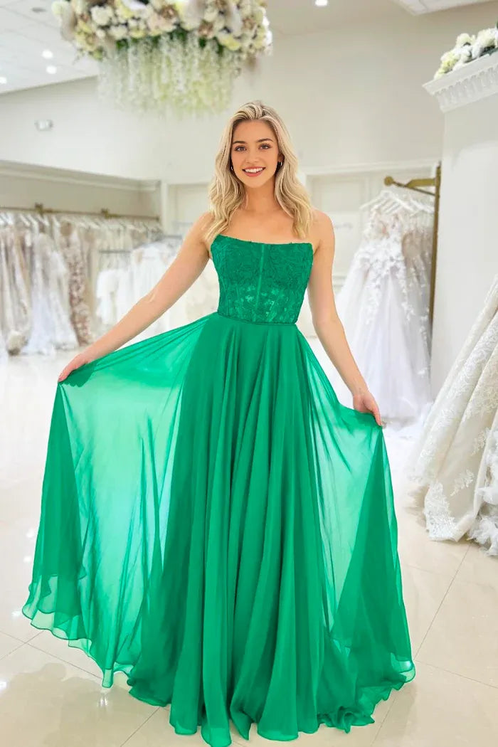 A-Line Green Chiffon Lace Long Prom Dress Beautiful Strapless Floor Length Evening Party Dress