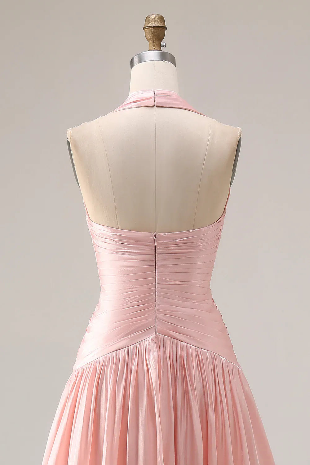 A-Line Halter V Nek Ruched Halter Blush Long Prom Dress With Slit Ready To Ship