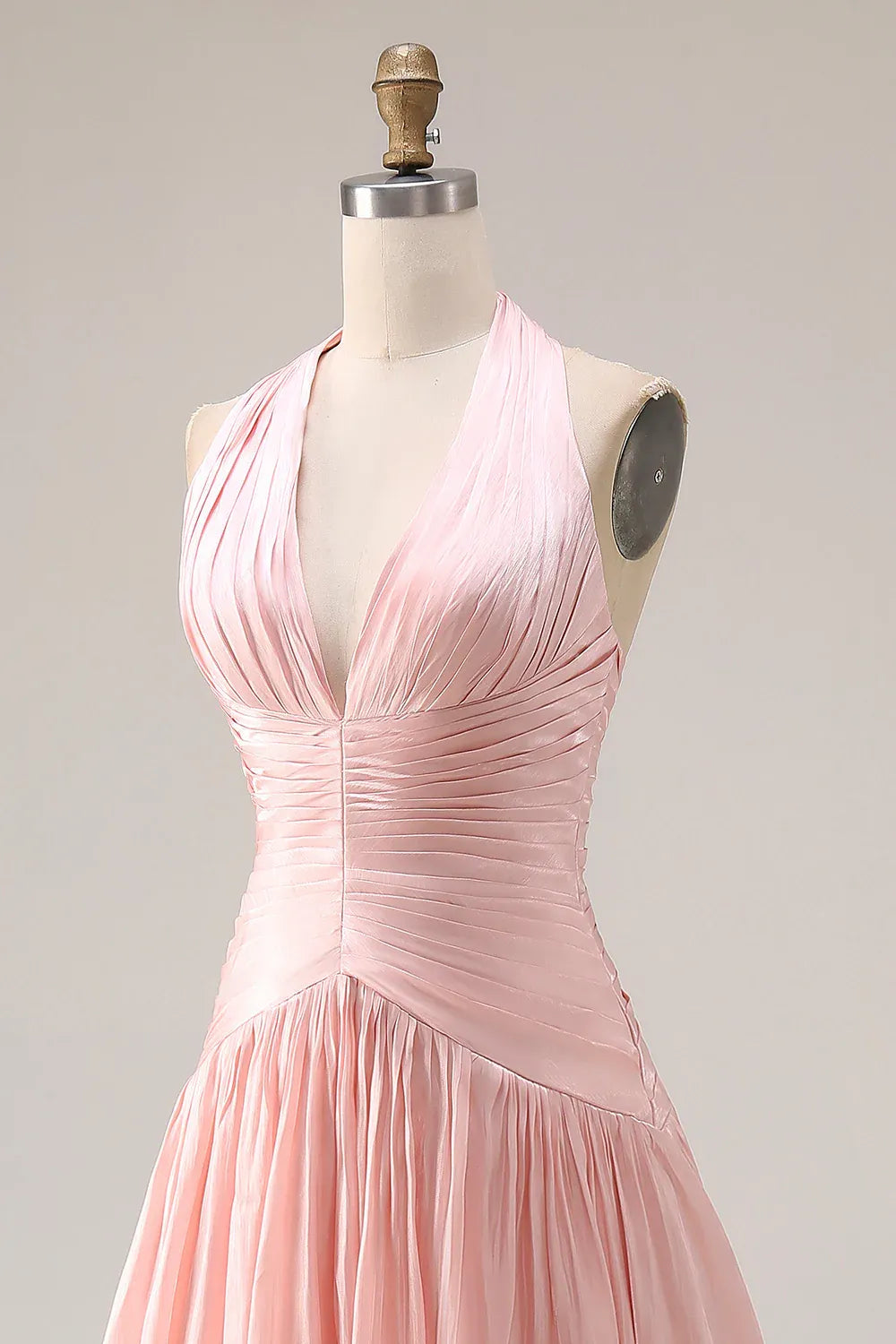 A-Line Halter V Nek Ruched Halter Blush Long Prom Dress With Slit Ready To Ship