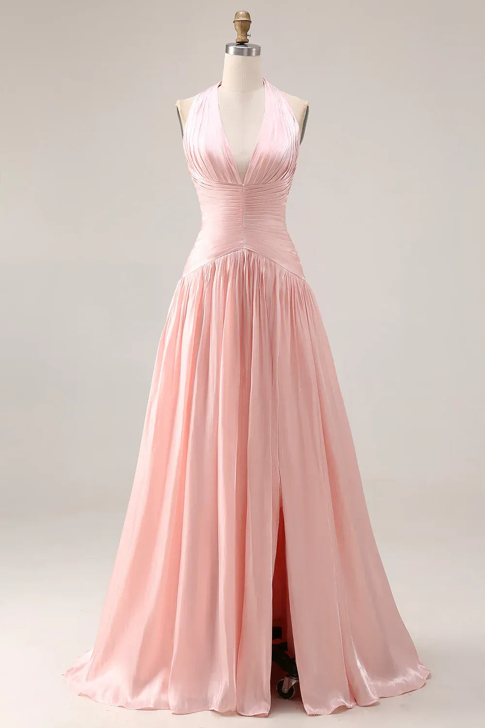 A-Line Halter V Nek Ruched Halter Blush Long Prom Dress With Slit Ready To Ship