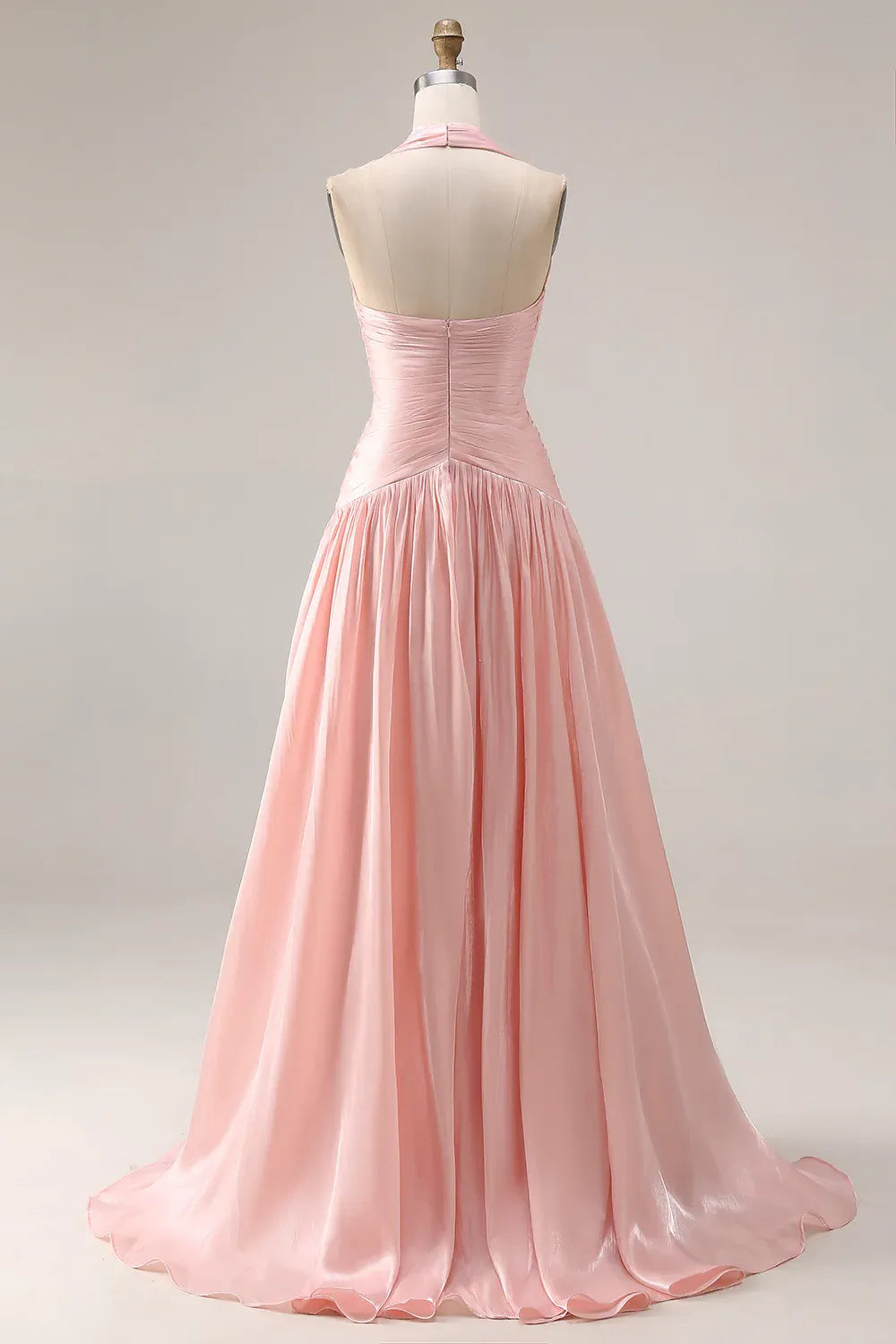 A-Line Halter V Nek Ruched Halter Blush Long Prom Dress With Slit Ready To Ship