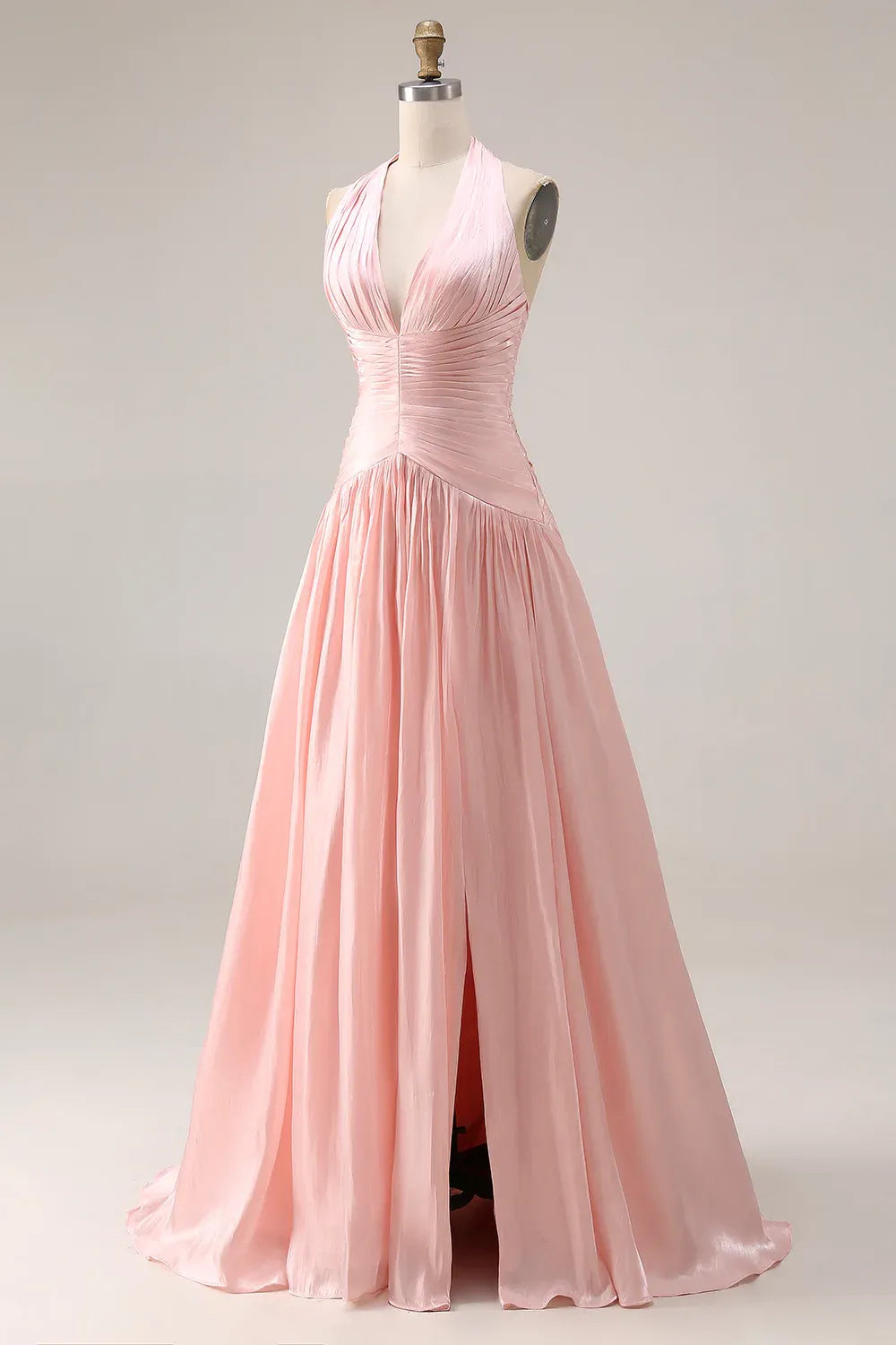 A-Line Halter V Nek Ruched Halter Blush Long Prom Dress With Slit Ready To Ship