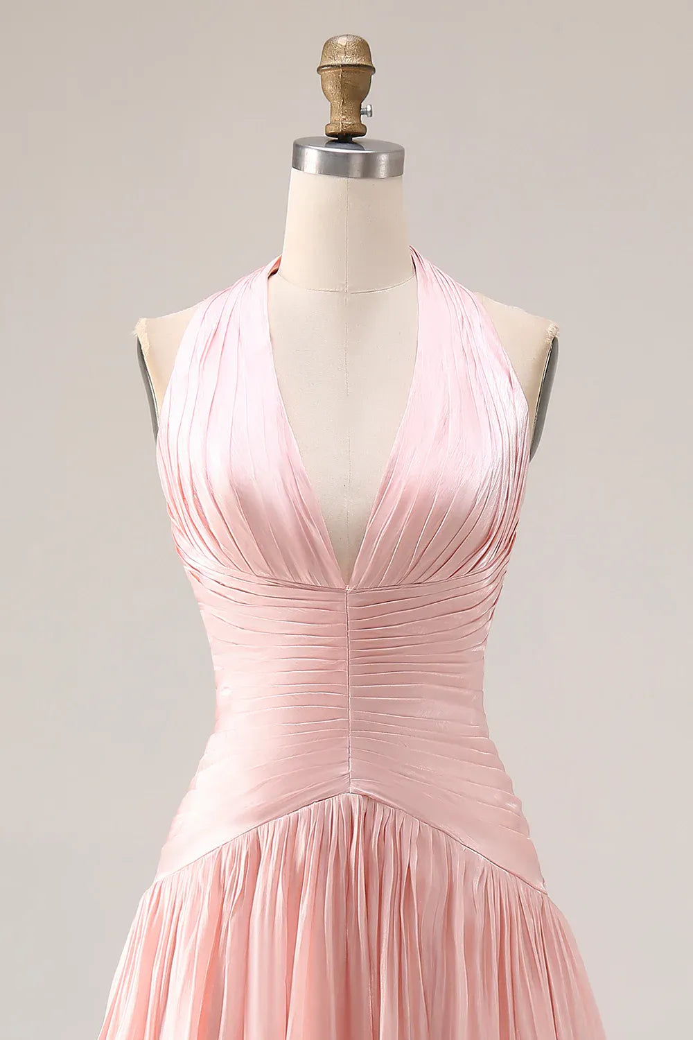 A-Line Halter V Nek Ruched Halter Blush Long Prom Dress With Slit Ready To Ship