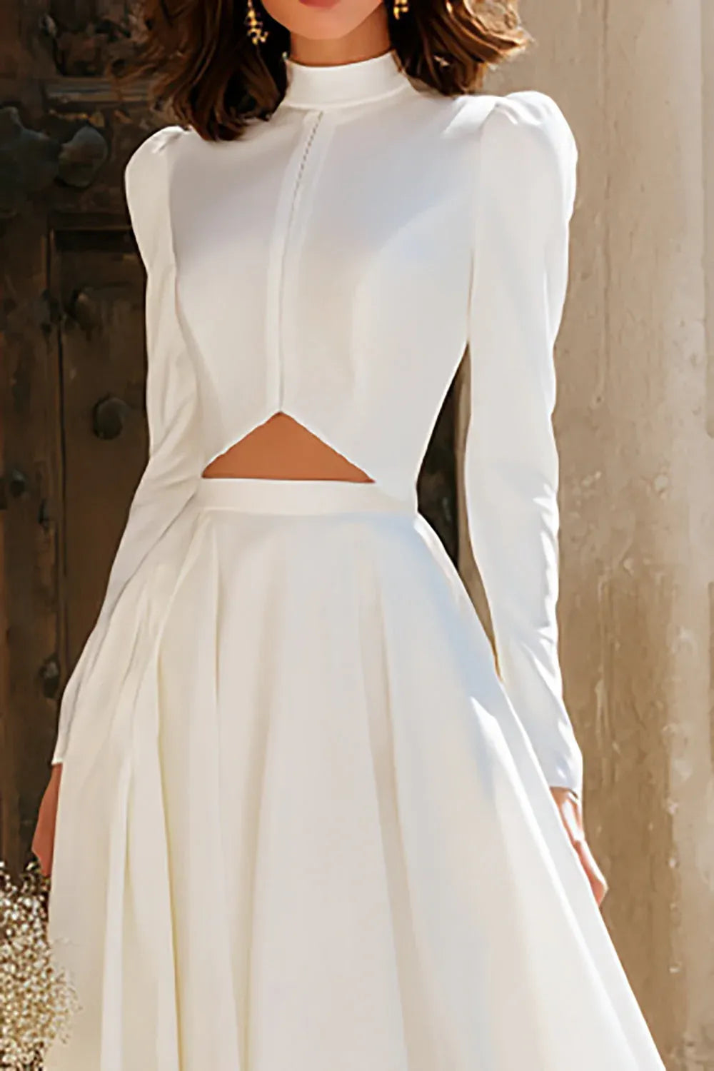 A-Line High Neck Long Sleeve Cutout Ivory Maxi Wedding Dress For Sale