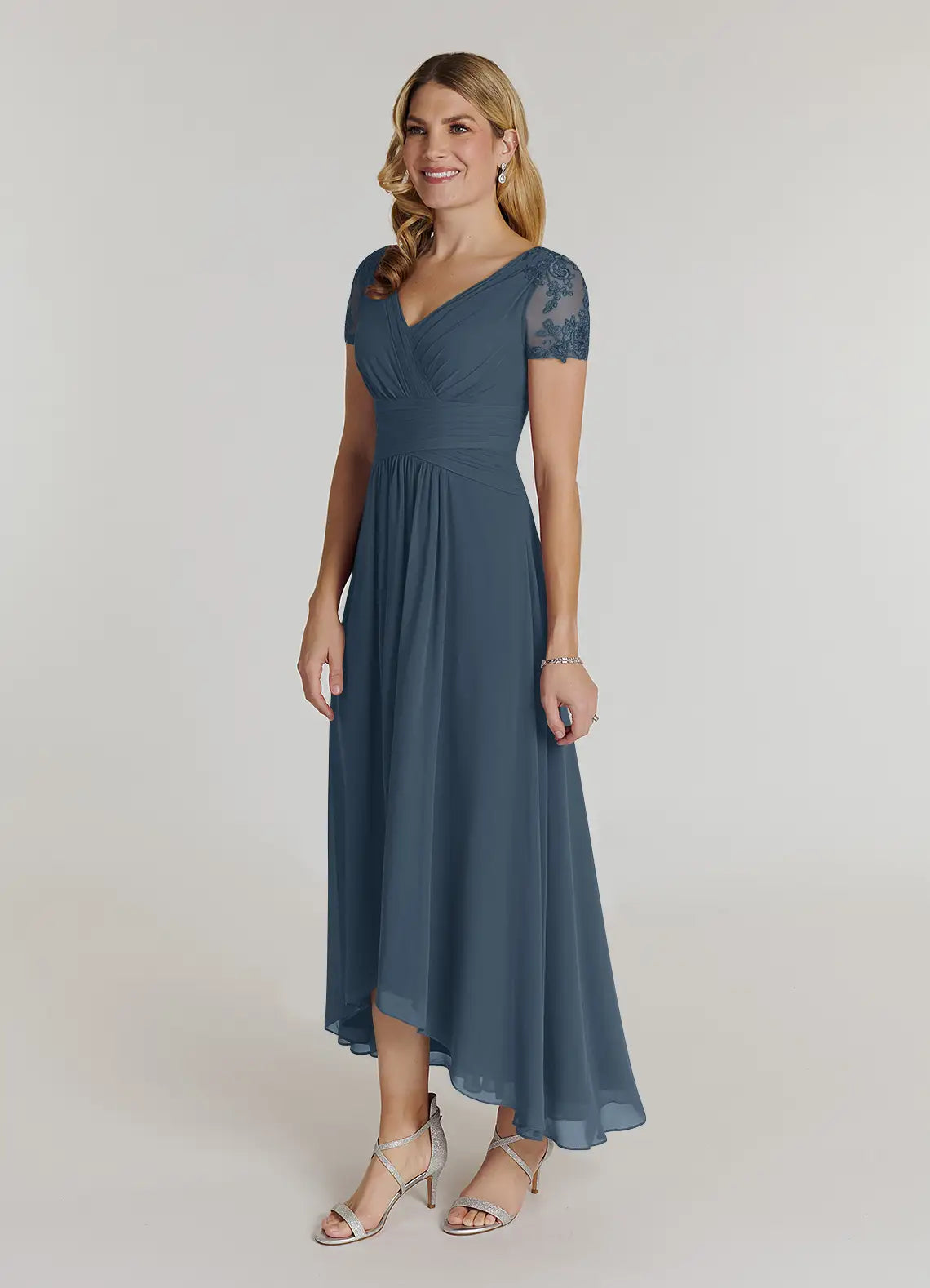 A-Line Lace Blue Mother of the Bride Dress with Applique Short Sleeves Surplice V - Neck Ruched Waist and High Low Chiffon Hem