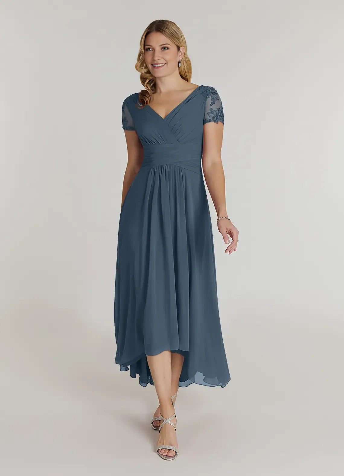 A-Line Lace Blue Mother of the Bride Dress with Applique Short Sleeves Surplice V - Neck Ruched Waist and High Low Chiffon Hem
