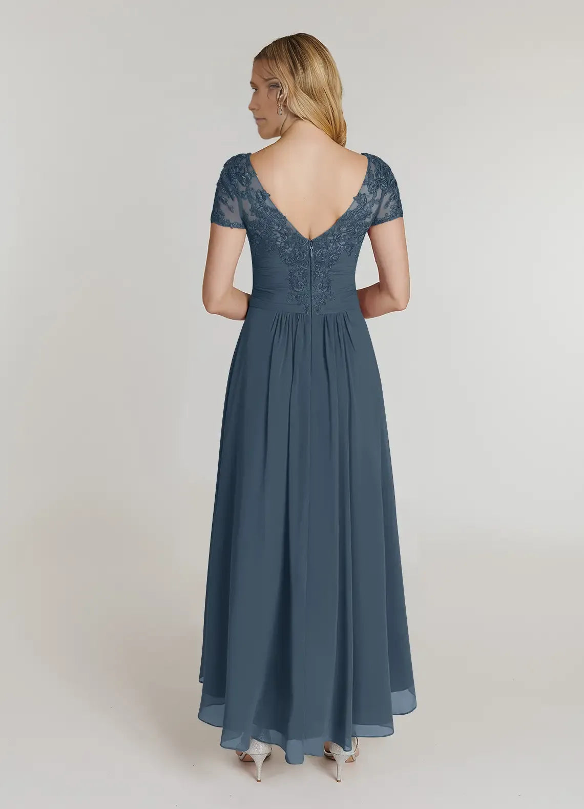A-Line Lace Blue Mother of the Bride Dress with Applique Short Sleeves Surplice V - Neck Ruched Waist and High Low Chiffon Hem