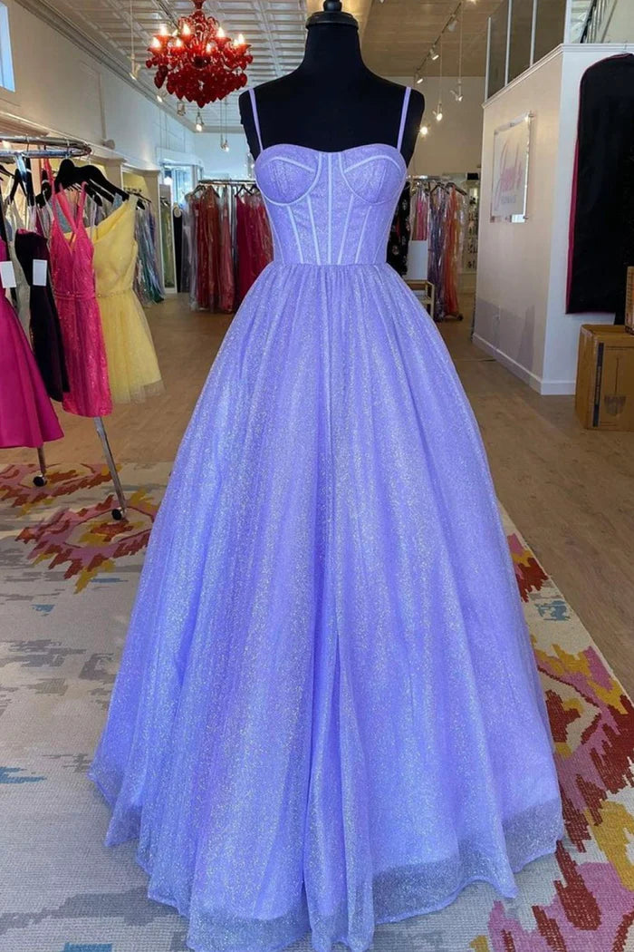 A-Line Lavender Shiny Tulle Prom Dress