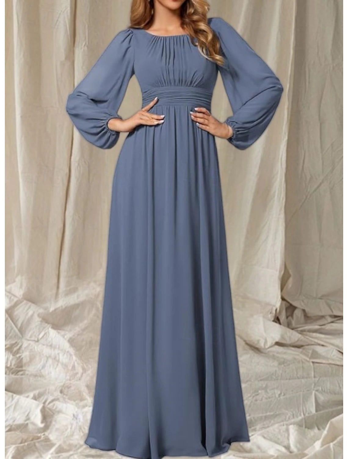 A-Line Mother of the Bride Dress Wedding Guest Elegant Crew Neck Floor Length Chiffon Long Sleeve with Pleats Ruching