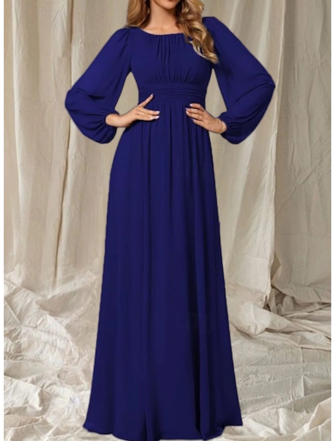 A-Line Mother of the Bride Dress Wedding Guest Elegant Crew Neck Floor Length Chiffon Long Sleeve with Pleats Ruching