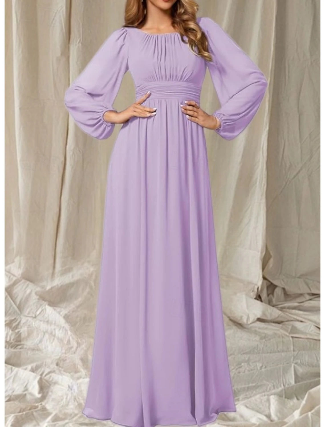 A-Line Mother of the Bride Dress Wedding Guest Elegant Crew Neck Floor Length Chiffon Long Sleeve with Pleats Ruching