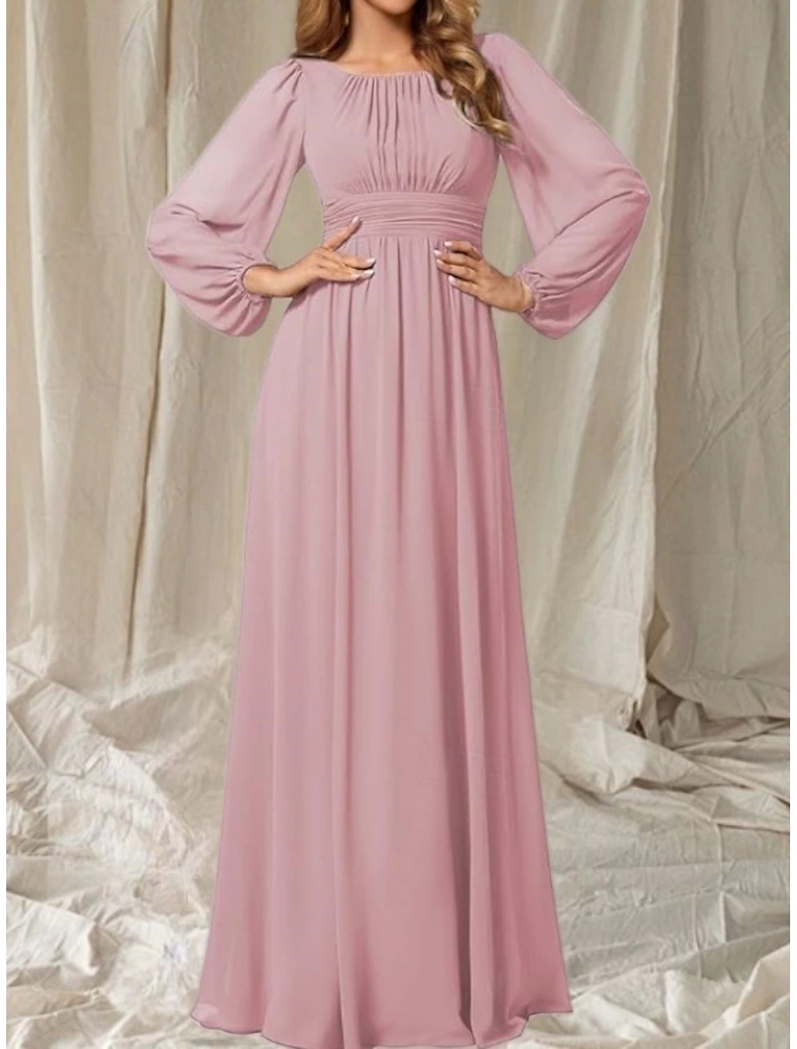 A-Line Mother of the Bride Dress Wedding Guest Elegant Crew Neck Floor Length Chiffon Long Sleeve with Pleats Ruching