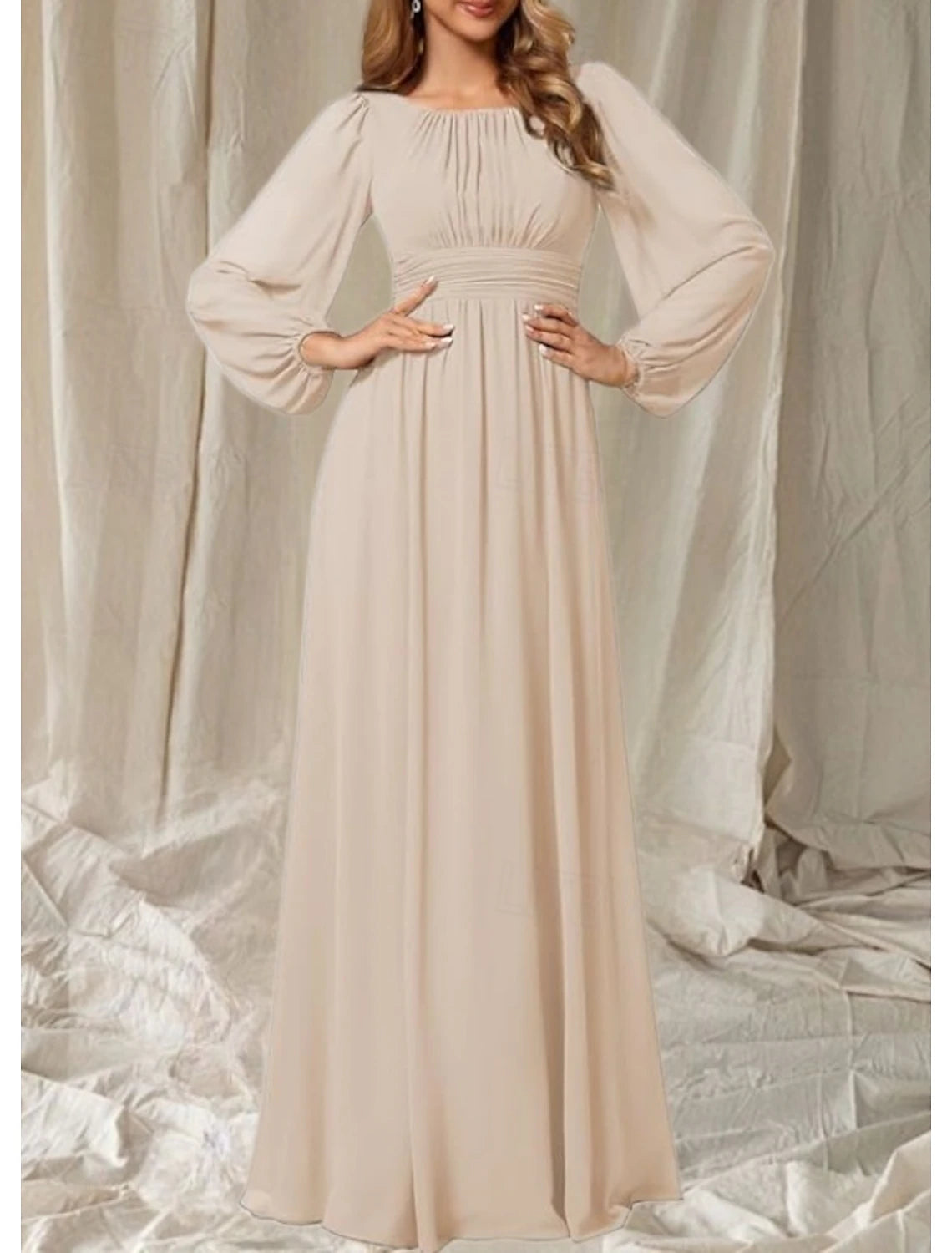 A-Line Mother of the Bride Dress Wedding Guest Elegant Crew Neck Floor Length Chiffon Long Sleeve with Pleats Ruching