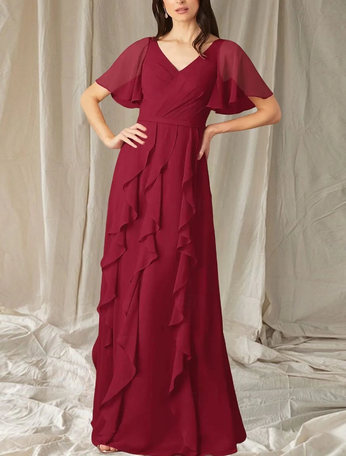 A-Line Mother of the Bride Dress Wedding Guest Elegant Sweet V Neck Floor Length Chiffon Short Sleeve Long Sleeve with Cascading Ruffles Ruching