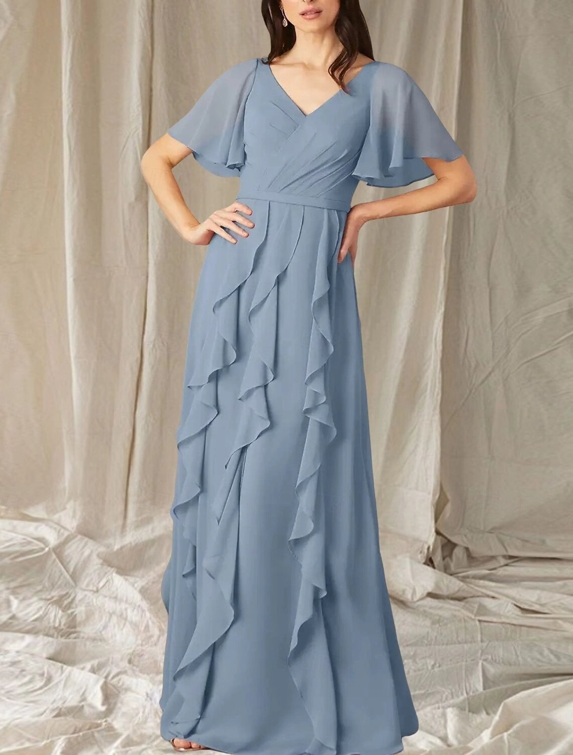 A-Line Mother of the Bride Dress Wedding Guest Elegant Sweet V Neck Floor Length Chiffon Short Sleeve Long Sleeve with Cascading Ruffles Ruching