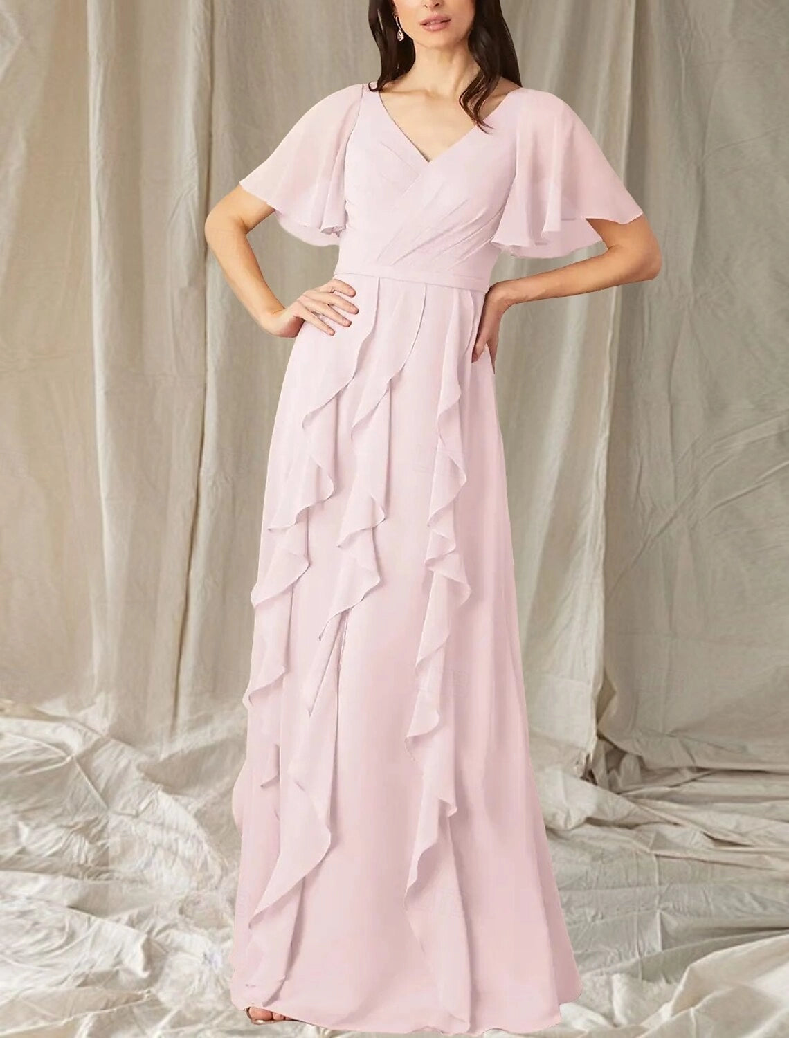 A-Line Mother of the Bride Dress Wedding Guest Elegant Sweet V Neck Floor Length Chiffon Short Sleeve Long Sleeve with Cascading Ruffles Ruching