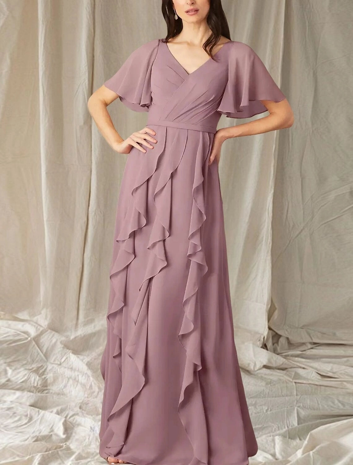 A-Line Mother of the Bride Dress Wedding Guest Elegant Sweet V Neck Floor Length Chiffon Short Sleeve Long Sleeve with Cascading Ruffles Ruching