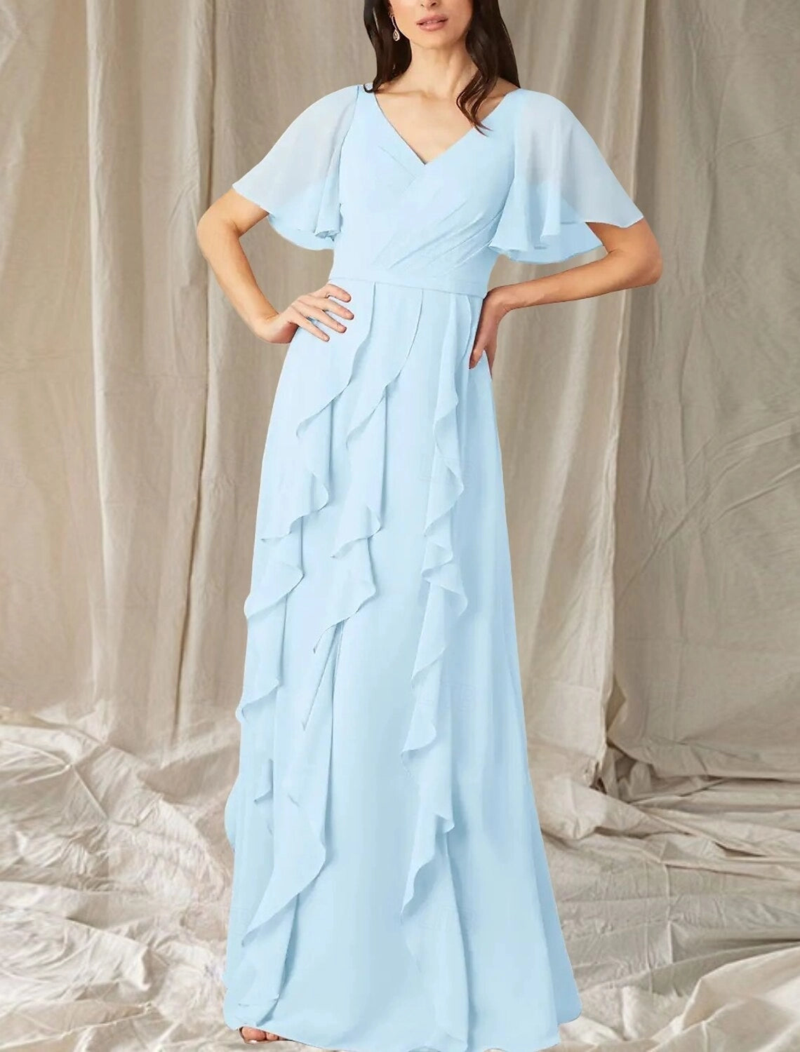 A-Line Mother of the Bride Dress Wedding Guest Elegant Sweet V Neck Floor Length Chiffon Short Sleeve Long Sleeve with Cascading Ruffles Ruching