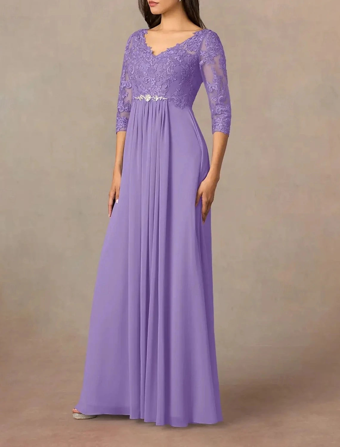 A-Line Mother of the Bride Dress Wedding Guest Elegant V Neck Floor Length Ankle Length Chiffon Half Sleeve with Pleats Beading Appliques