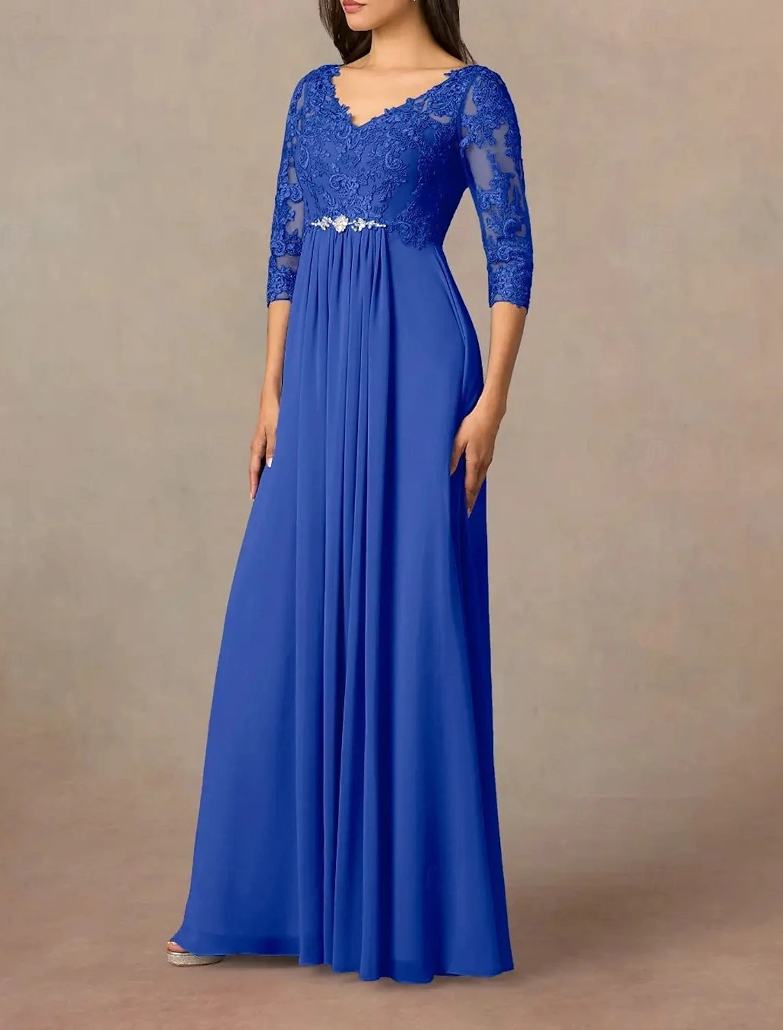 A-Line Mother of the Bride Dress Wedding Guest Elegant V Neck Floor Length Ankle Length Chiffon Half Sleeve with Pleats Beading Appliques