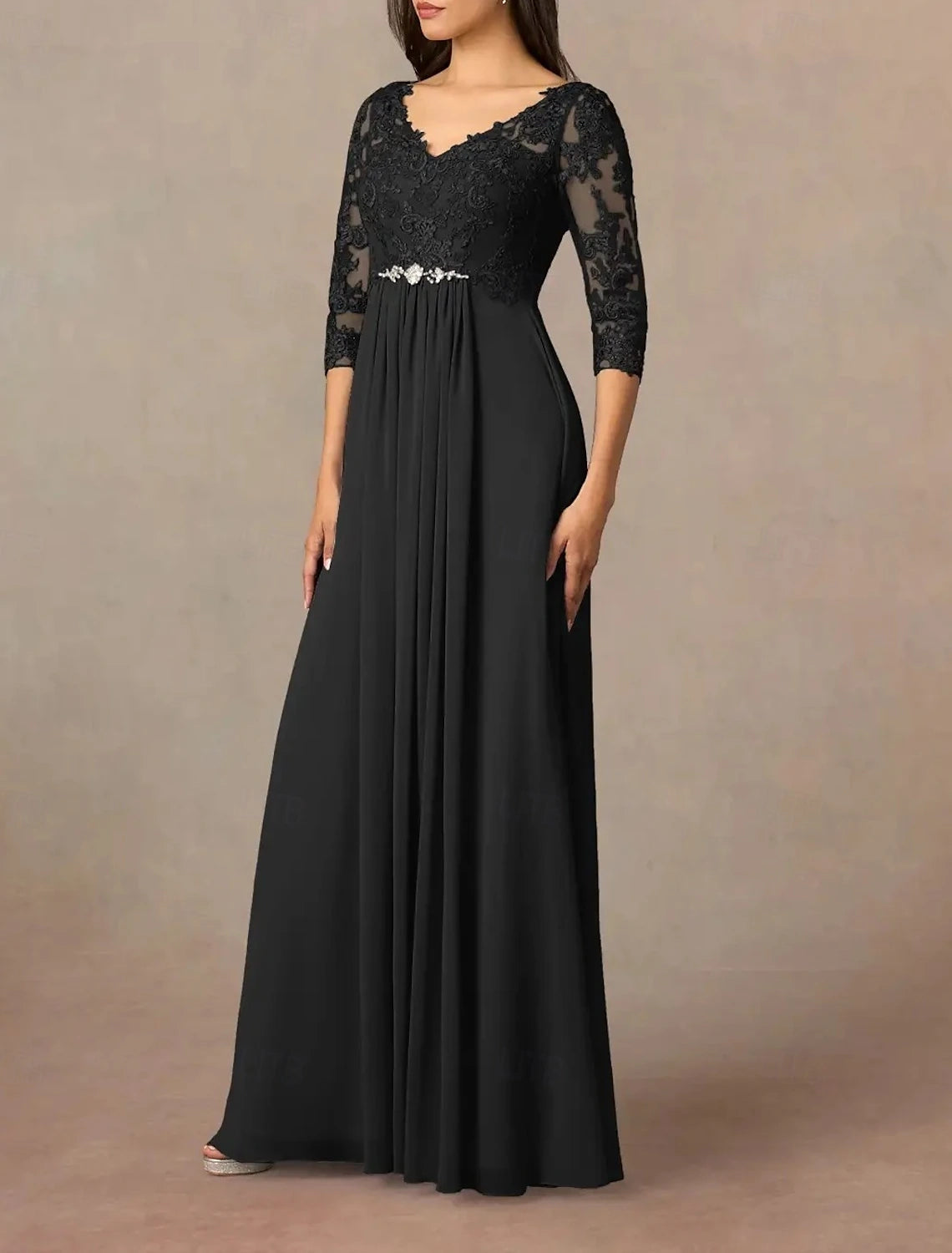 A-Line Mother of the Bride Dress Wedding Guest Elegant V Neck Floor Length Ankle Length Chiffon Half Sleeve with Pleats Beading Appliques