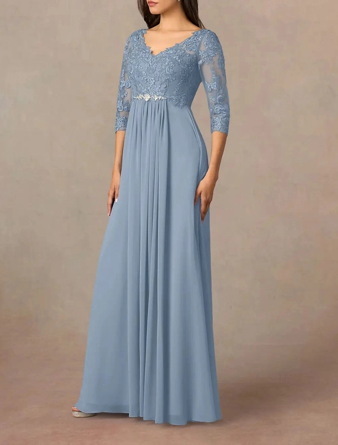 A-Line Mother of the Bride Dress Wedding Guest Elegant V Neck Floor Length Ankle Length Chiffon Half Sleeve with Pleats Beading Appliques