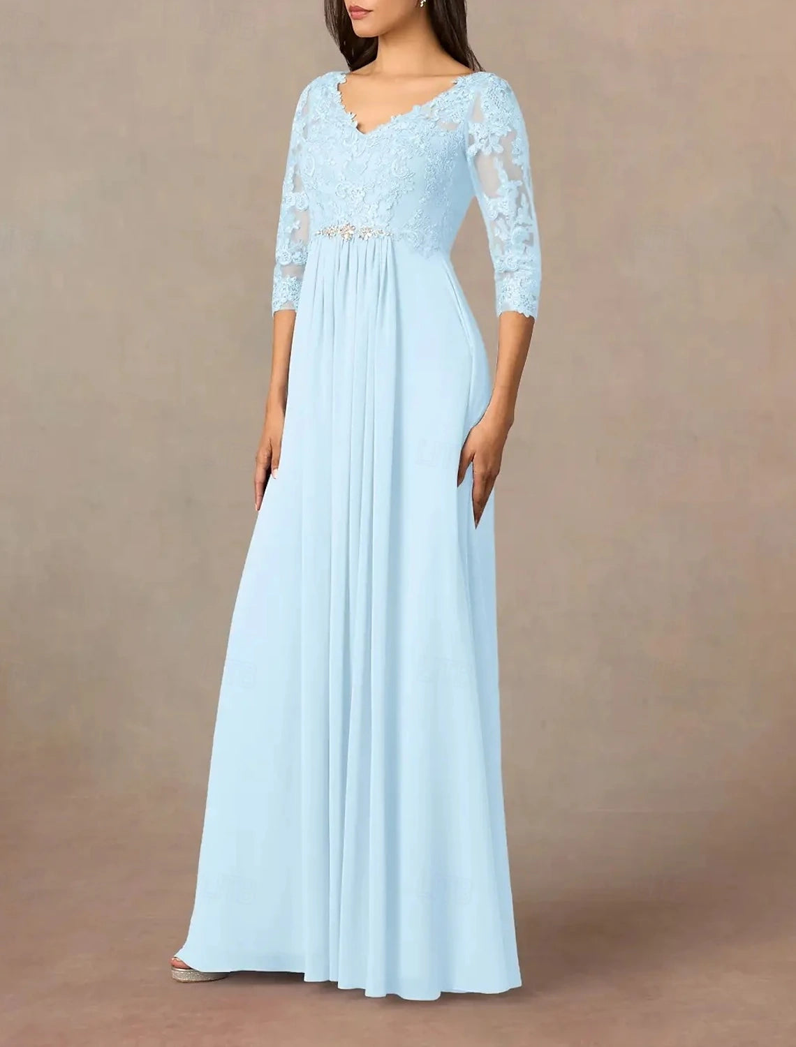 A-Line Mother of the Bride Dress Wedding Guest Elegant V Neck Floor Length Ankle Length Chiffon Half Sleeve with Pleats Beading Appliques