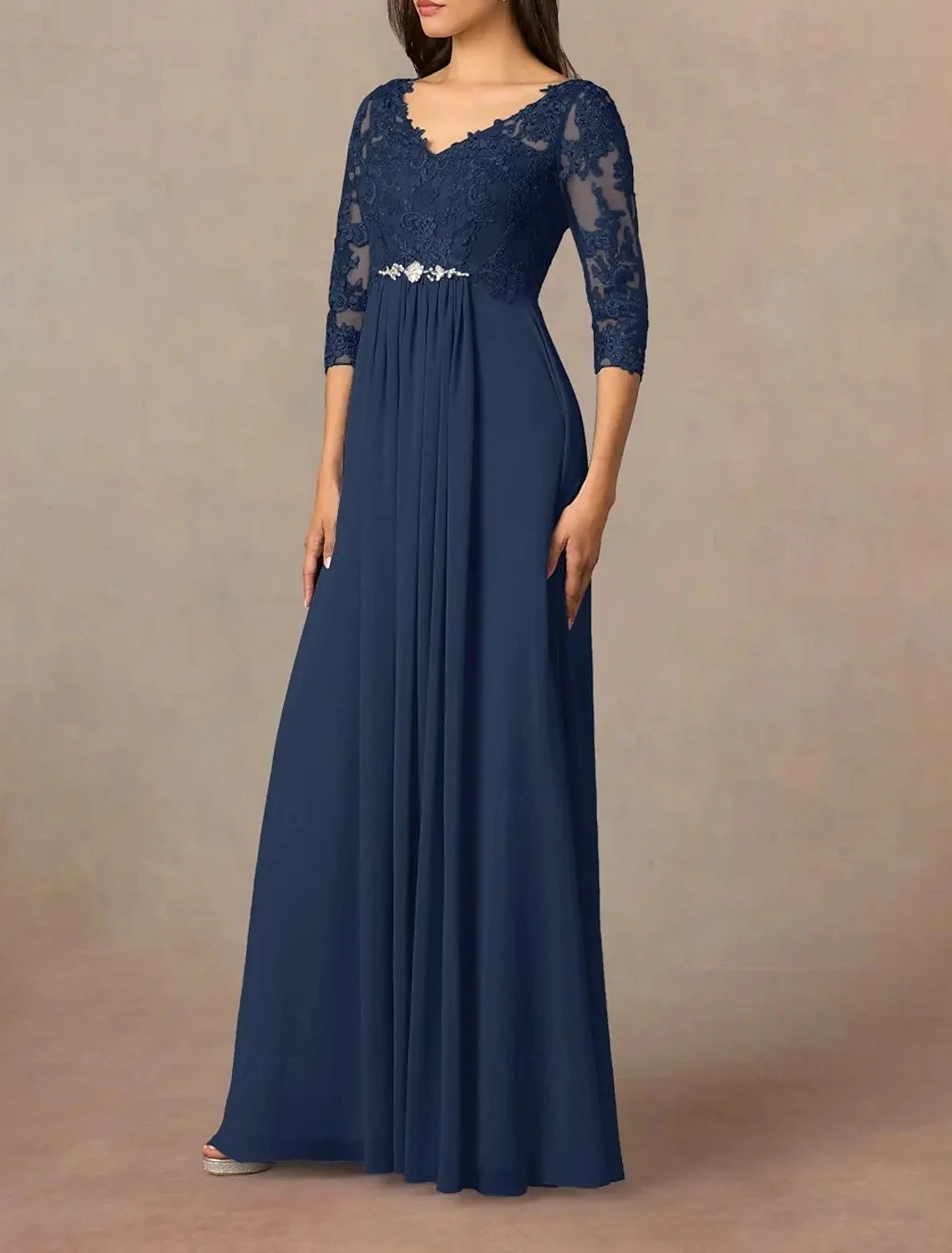 A-Line Mother of the Bride Dress Wedding Guest Elegant V Neck Floor Length Ankle Length Chiffon Half Sleeve with Pleats Beading Appliques