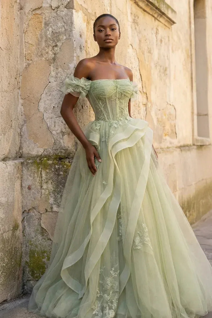 A-Line Off-Shoulder Corset Beaded Lace Tulle Sage Green Long Wedding Dress