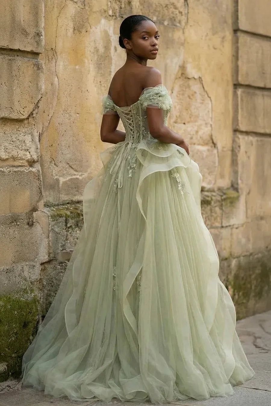 A-Line Off-Shoulder Corset Beaded Lace Tulle Sage Green Long Wedding Dress