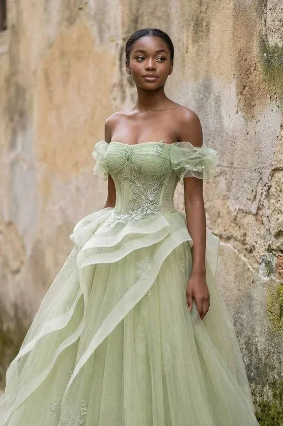 A-Line Off-Shoulder Corset Beaded Lace Tulle Sage Green Long Wedding Dress