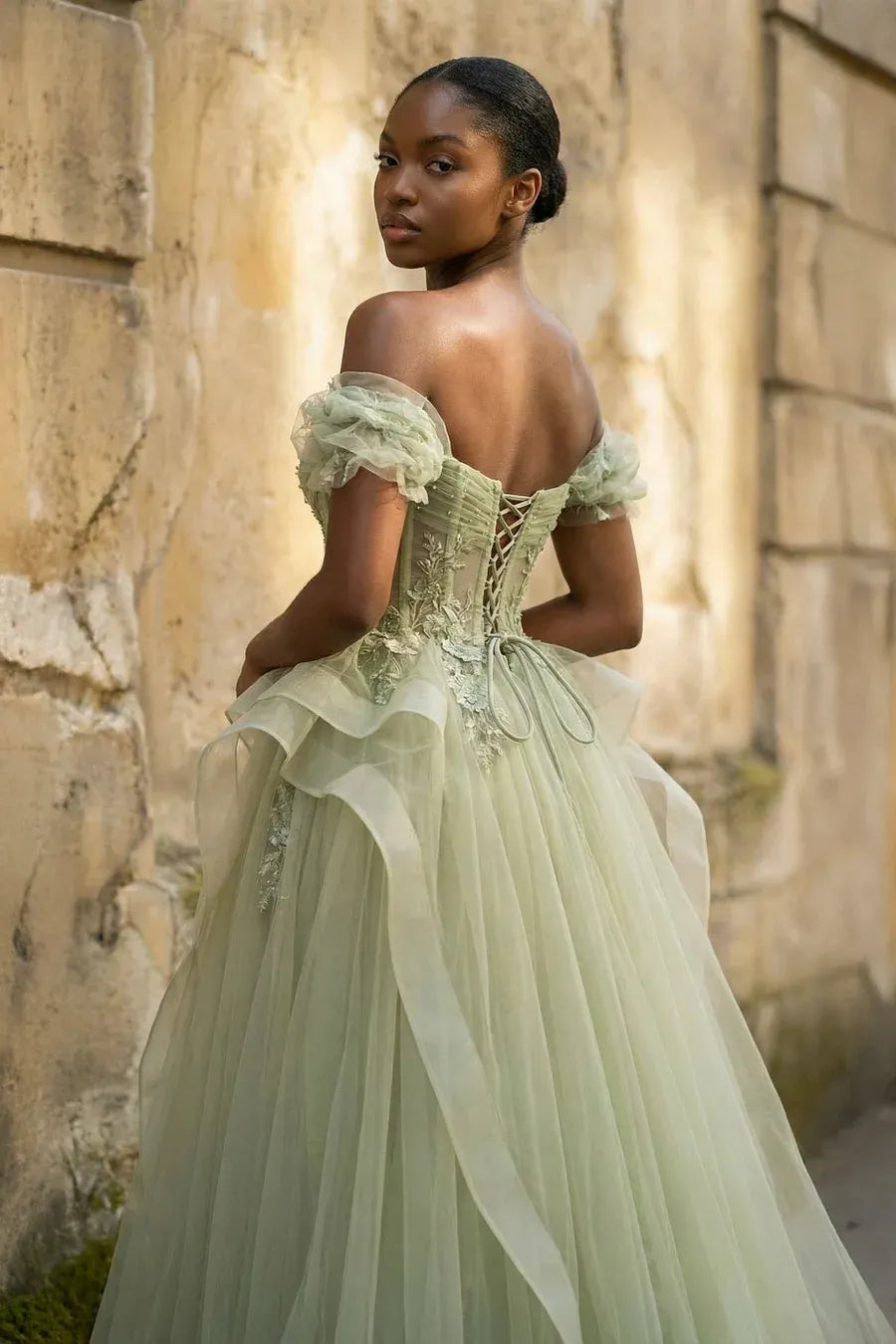 A-Line Off-Shoulder Corset Beaded Lace Tulle Sage Green Long Wedding Dress