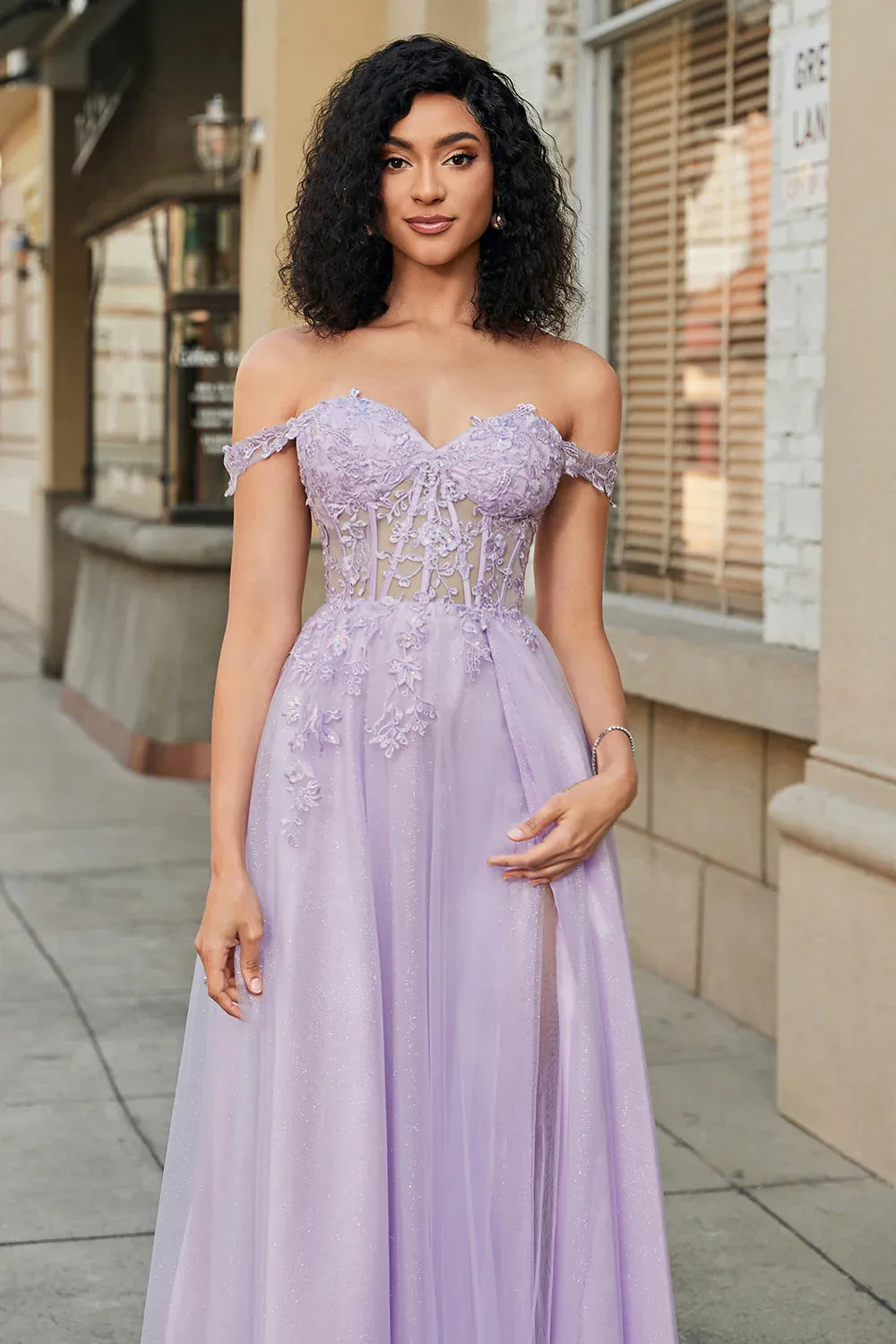 A-Line Off-Shoulder Corset Lace Applique Tulle Lavender Long Prom Dress