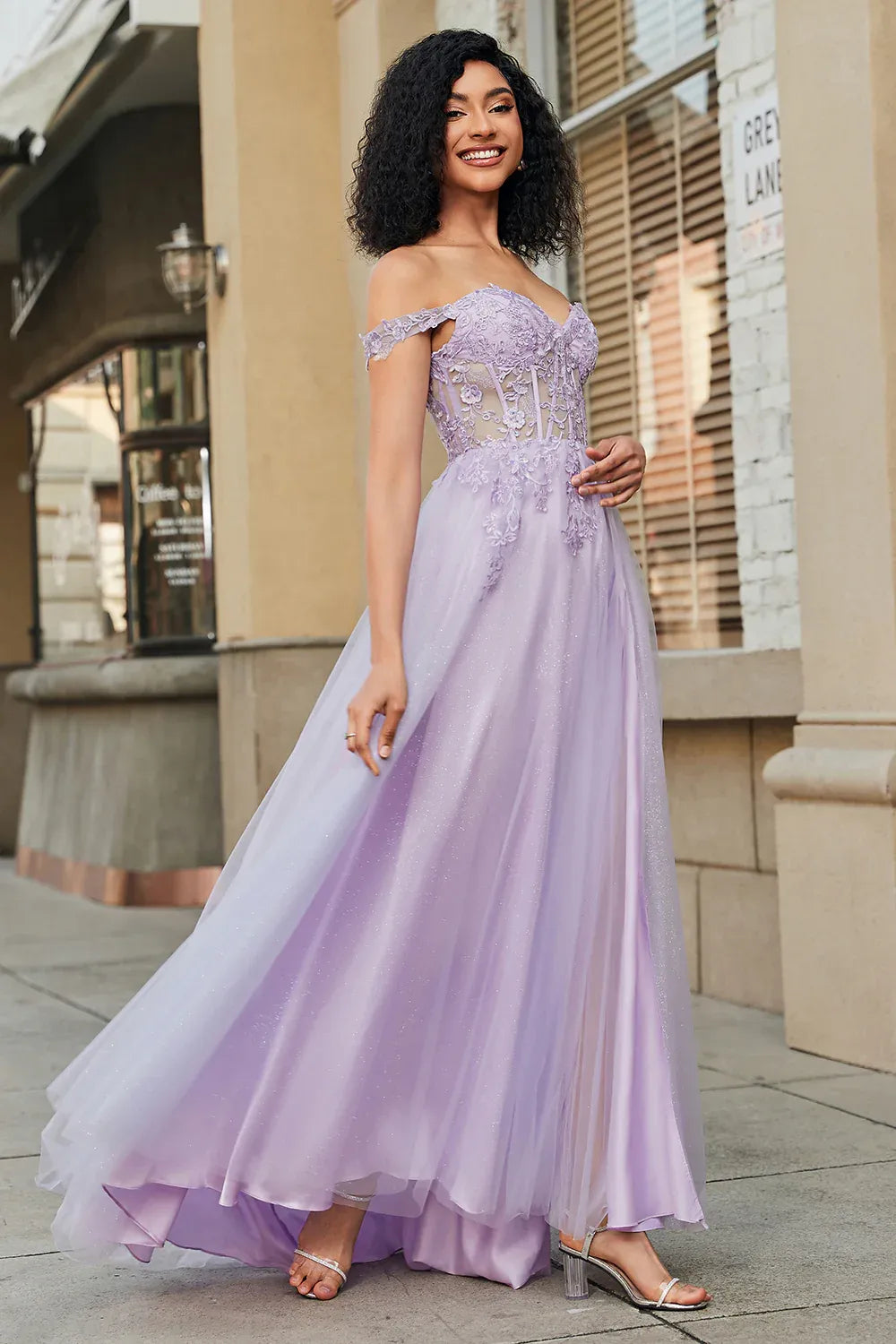 A-Line Off-Shoulder Corset Lace Applique Tulle Lavender Long Prom Dress
