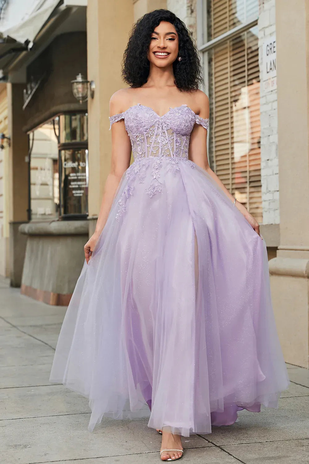 A-Line Off-Shoulder Corset Lace Applique Tulle Lavender Long Prom Dress