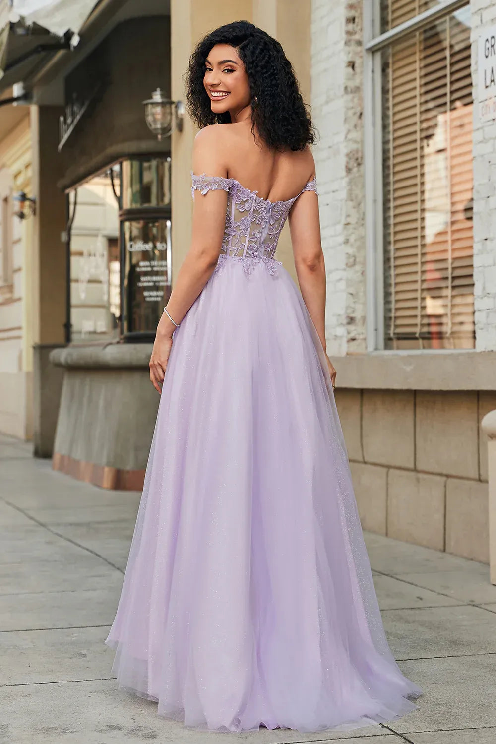 A-Line Off-Shoulder Corset Lace Applique Tulle Lavender Long Prom Dress