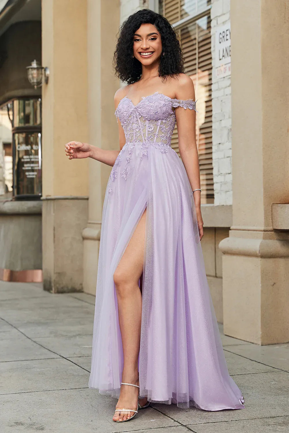 A-Line Off-Shoulder Corset Lace Applique Tulle Lavender Long Prom Dress