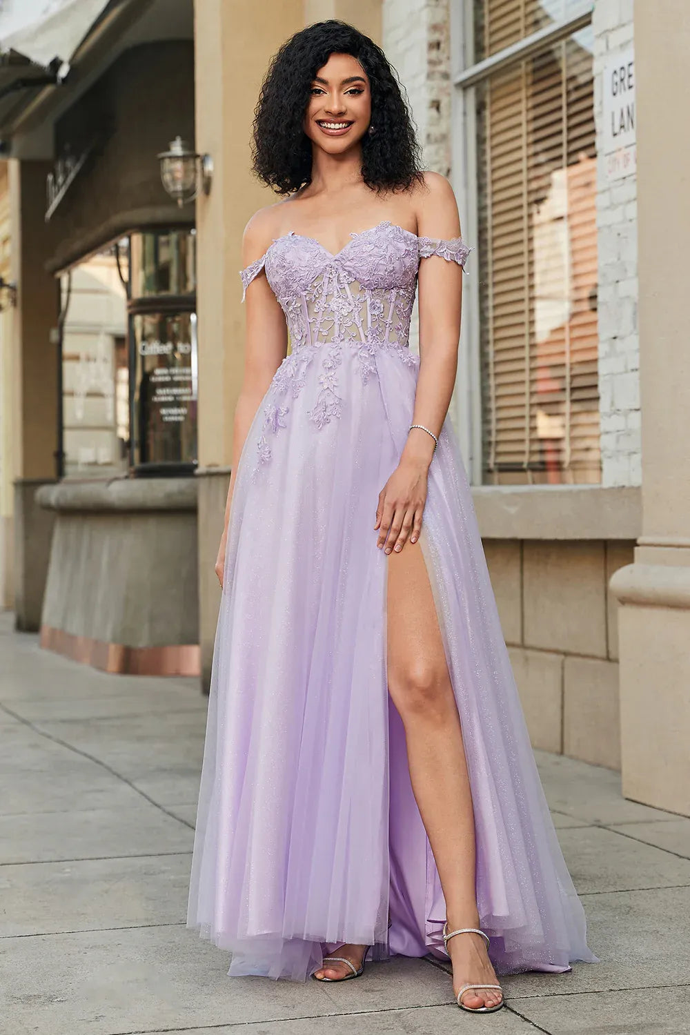 A-Line Off-Shoulder Corset Lace Applique Tulle Lavender Long Prom Dress